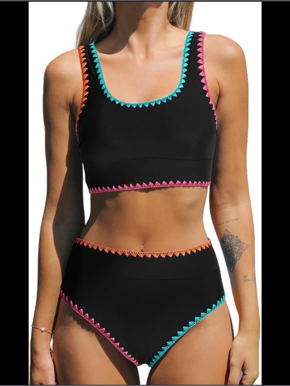 NWT Cupshe Bikini Two Piece Swim Scoop Neck Tank Wide Straps Midkini Stitching